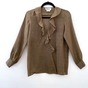 Vintage 70's Gucci Plaid Ruffle Front Shirt Top Long‎ Sleeve Linen Brown Size 40
